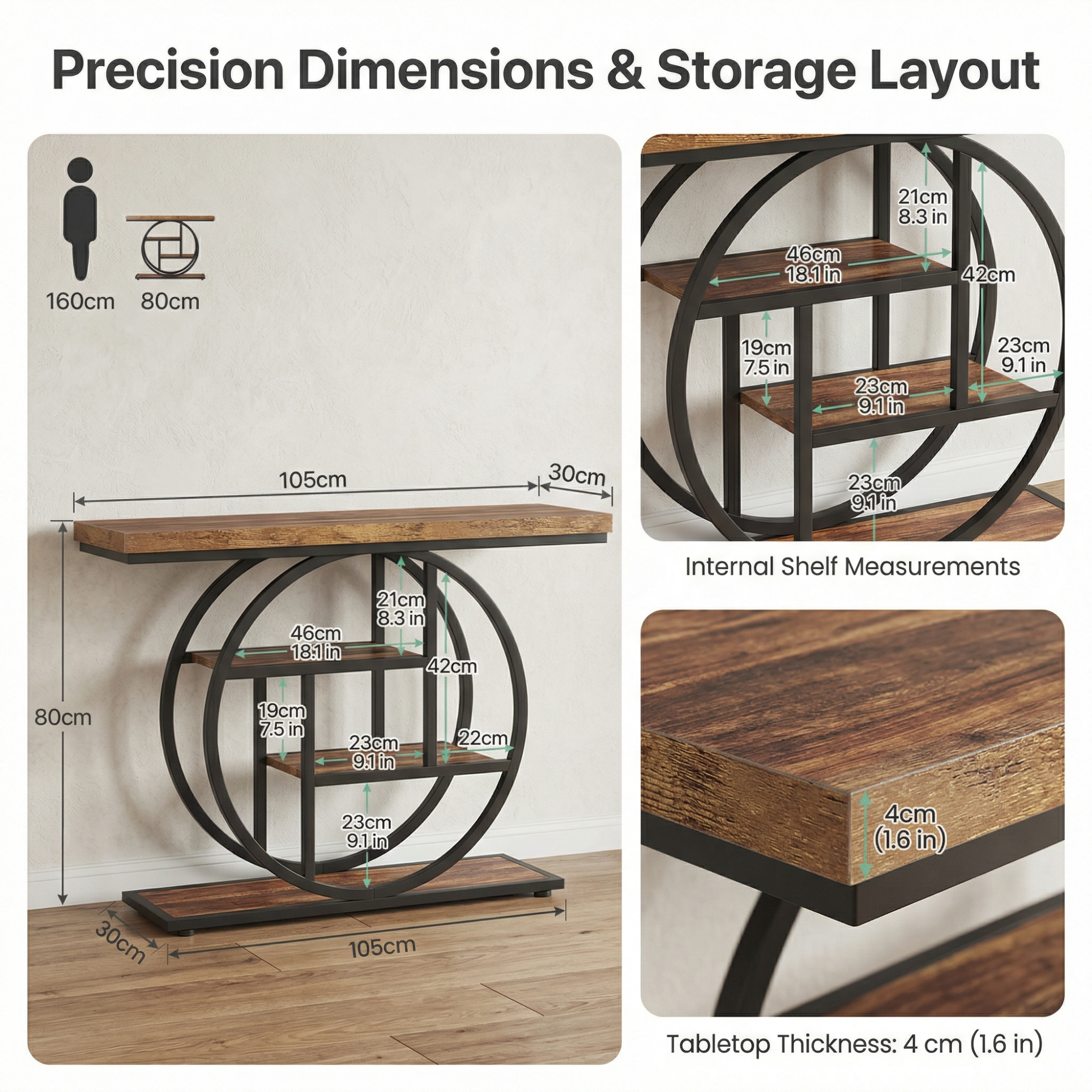 4-Tier Console Table – Modern Table with Open Shelves and Circular Frame for Living Room