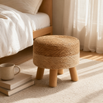 Round Rattan Footstool – Woven Grass Seat Wood Legs Boho Living Room Ottoman