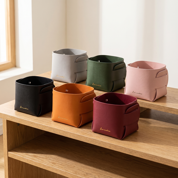 PU Leather Storage Basket – Folding Desktop Organizer for Pens Keys Cosmetics Minimalist Home Decor