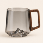 Glass Mug with Wooden Handle – Ribbed Smoky Design, Mountain Relief Base, 400ml