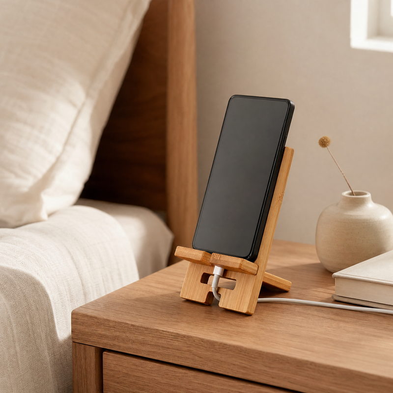 Bamboo Phone Stand – Desk Phone Holder for Charging, Tablet, Home Office Decor