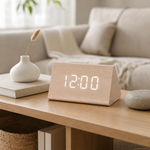 Wood LED Digital Alarm Clock – Triangle Desk Clock, Voice Activated, USB Powered