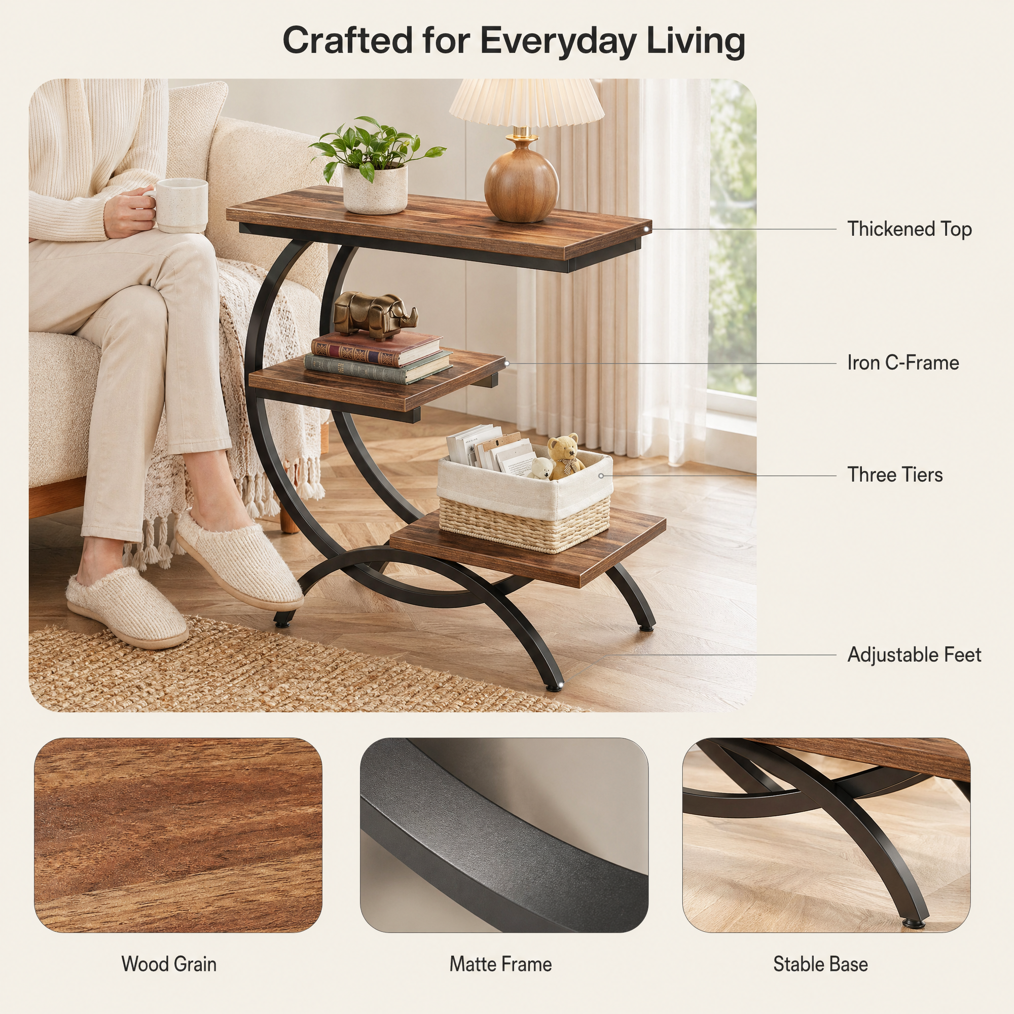 C-Shaped End Table with 3-Tier Shelves – Industrial Wood and Metal Sofa Side Table