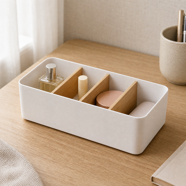 Desktop Storage Box with Wood Dividers – Desk Organizer for Home Office Decor