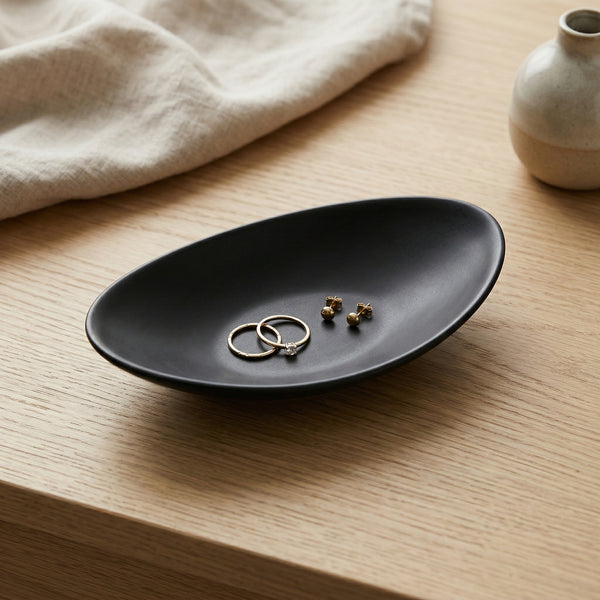 Oval Black Ring Dish – Ceramic Jewelry Tray for Entryway, Bedroom, Bathroom Vanity Organizer