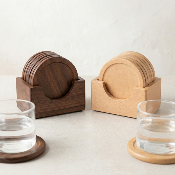 Wooden Coaster Set with Holder – 6 Round Coasters with Storage Stand for Kitchen & Living Room