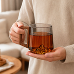 Glass Mug with Wooden Handle – Ribbed Smoky Design, Mountain Relief Base, 400ml