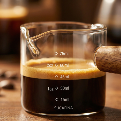 75ml Glass Espresso Measuring Cup – Heat Resistant Borosilicate Glass with Wooden Handle
