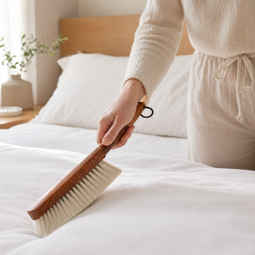 Soft Bed Brush with Wooden Handle – Natural Bristles for Bedding Sofa Furniture Cleaning