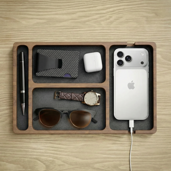 Wooden Desk Organizer Tray – Leather Lined Compartments for Phone, Watch, Glasses, Keys Nightstand