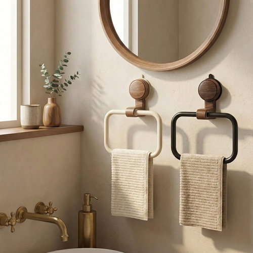 Walnut Towel Ring – No Drill Suction Mount, Rotating Wall Towel Holder for Bathroom & Kitchen