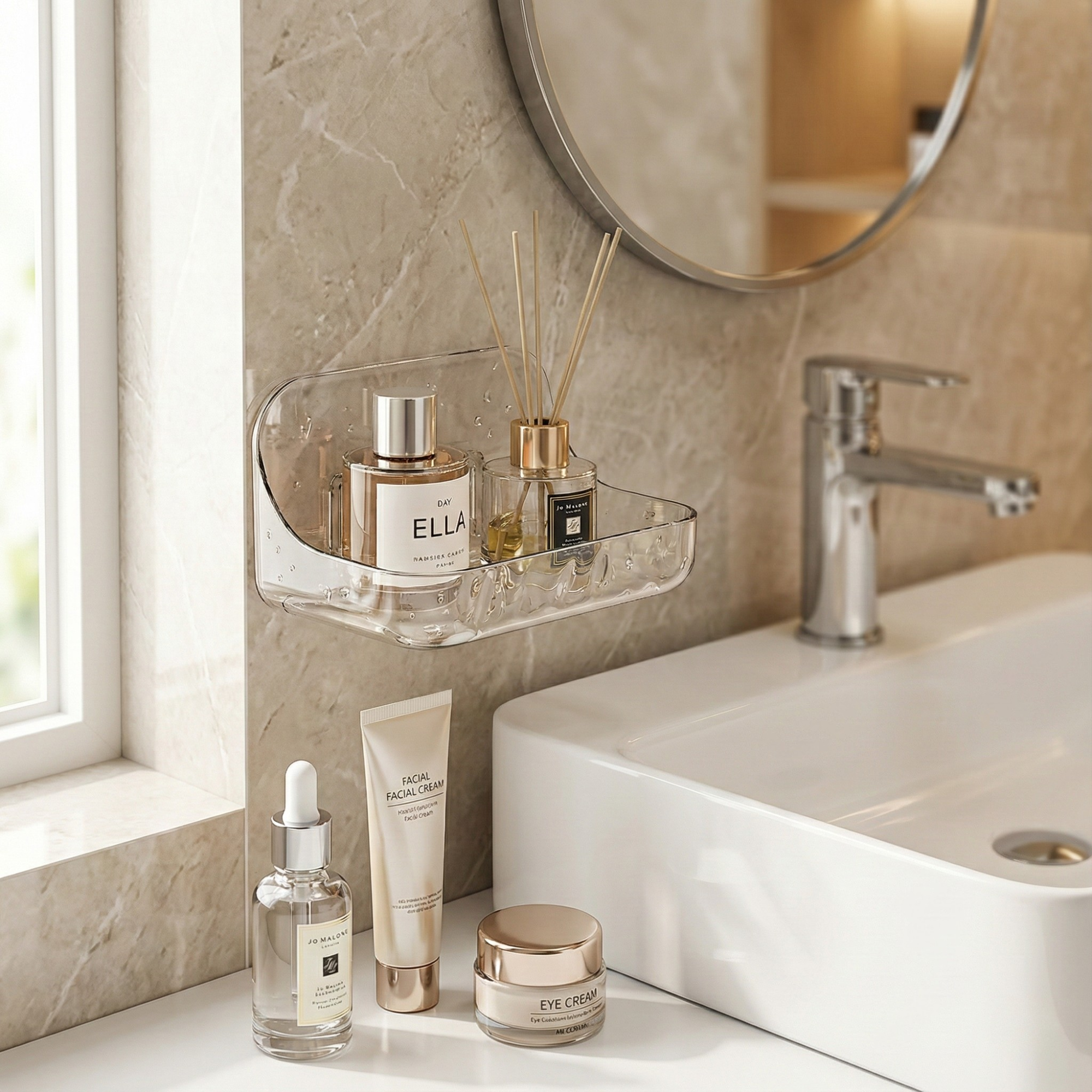 Adhesive Acrylic Bathroom Shelf – No Drill Wall Mount Storage for Shower Bath & Vanity Organizer