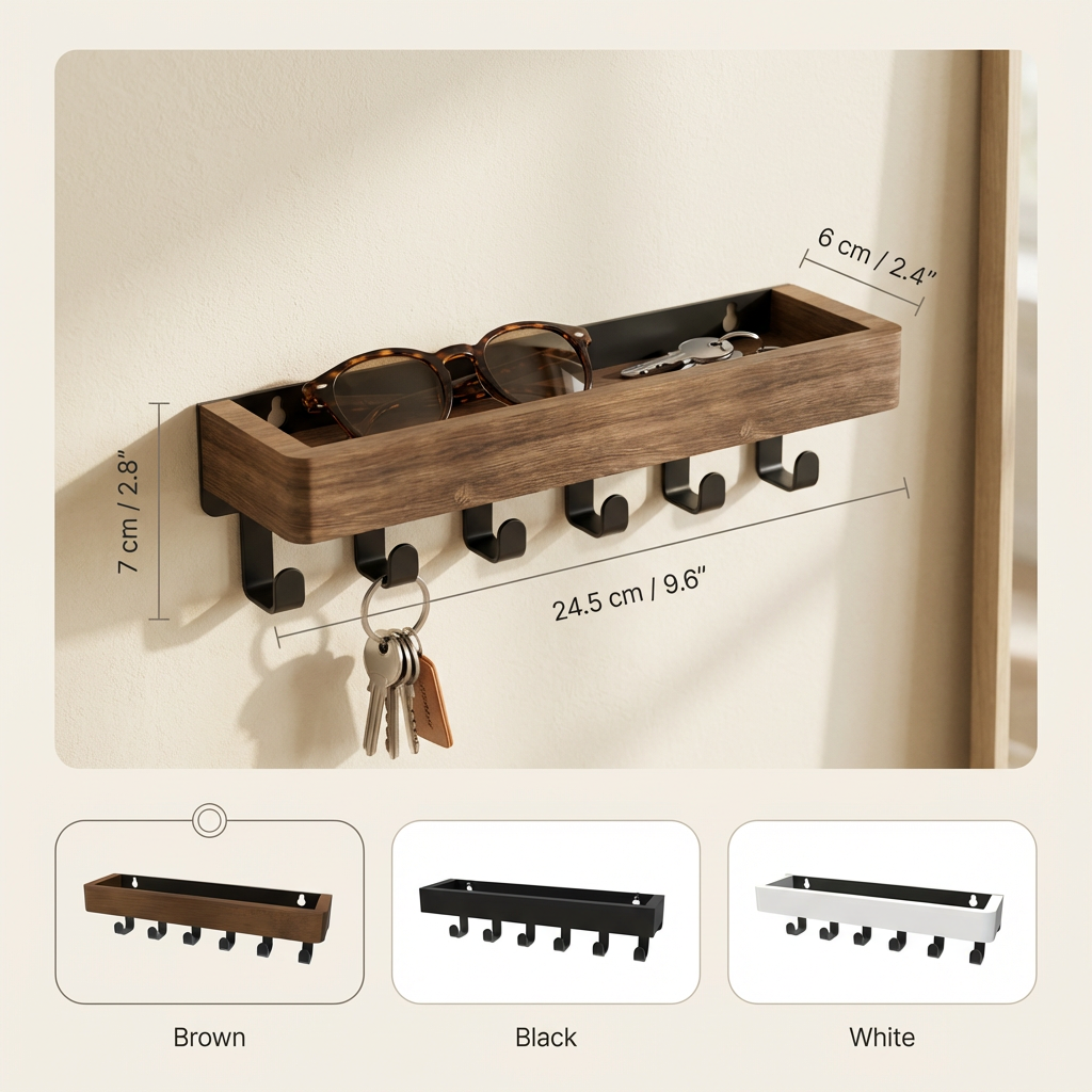 Floating Shelf with 6 Hooks – Wall Mounted Key Holder Rustic Wood Home Organizer