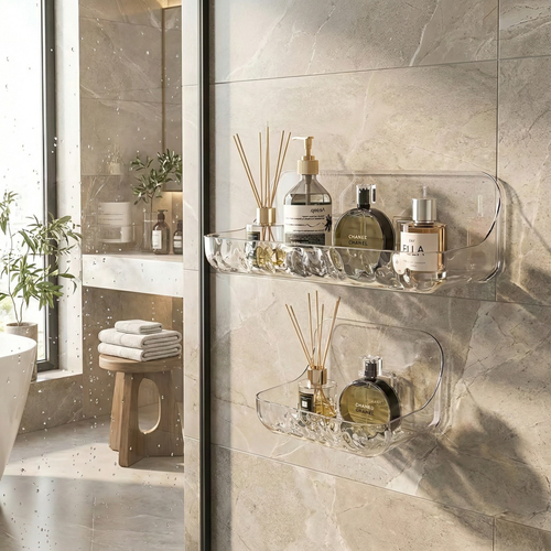 Adhesive Acrylic Bathroom Shelf – No Drill Wall Mount Storage for Shower Bath & Vanity Organizer