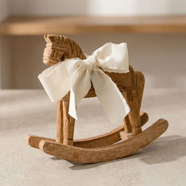 Wooden Rocking Horse Figurine – Hand Carved Detail with Fabric Bow for Decor