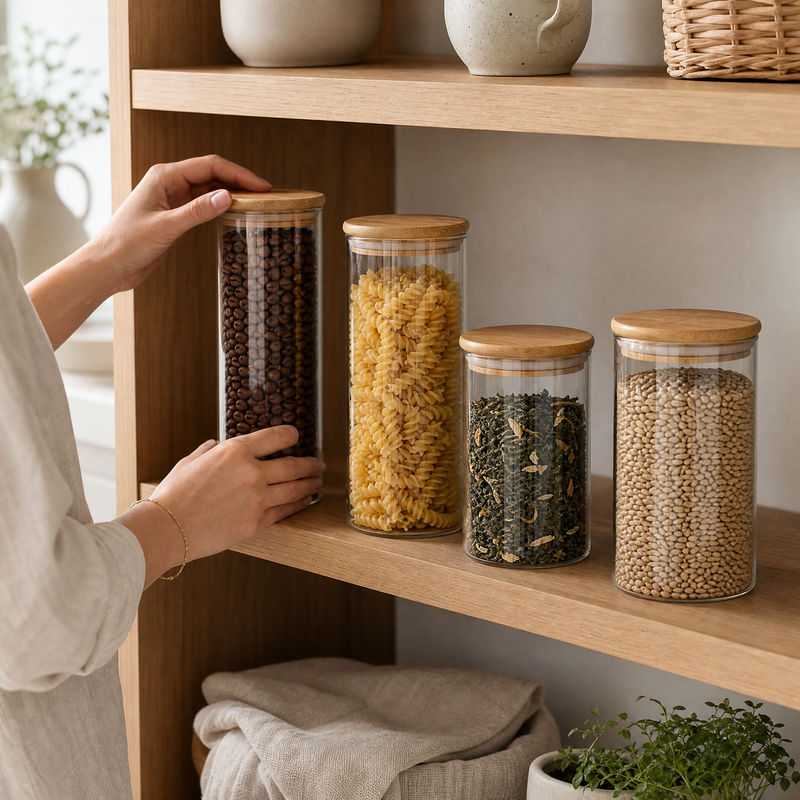 Glass Storage Jar with Wood Lid – Airtight Kitchen Canister for Tea Coffee Sugar