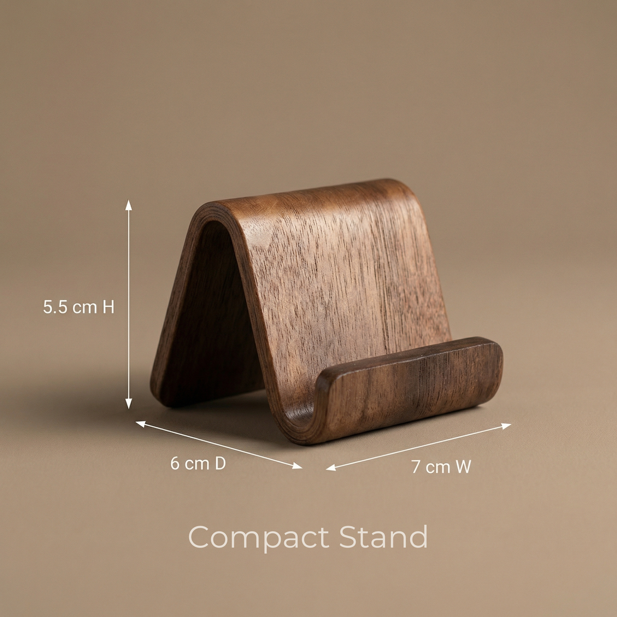 Walnut Wood Phone Stand – Curved Minimalist Design for Desk, Bedside, Kitchen, Video Calls