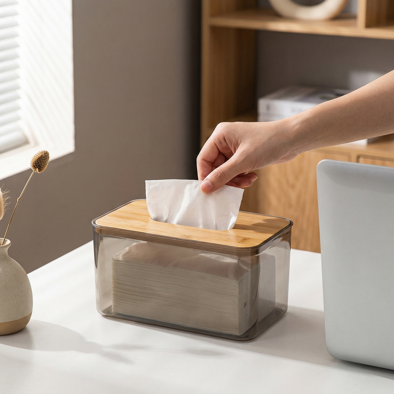Tissue Holder with Bamboo Cover – Modern Minimalist Organizer for Desk Vanity Countertop Storage