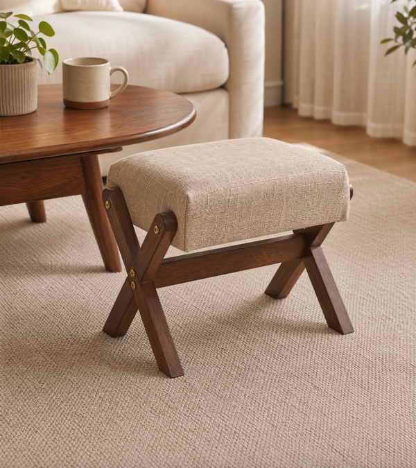 Wood X-Frame Cushioned Footstool – Upholstered Seat Bench Bedroom Entryway Living Room