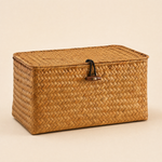 Handwoven Rattan Box with Lid – Natural Desktop Storage Basket Boho Home Organizer