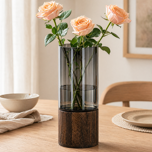 Glass Cylinder Vase with Wood Base – Smoky Glass Flower Vase for Modern Home Decor