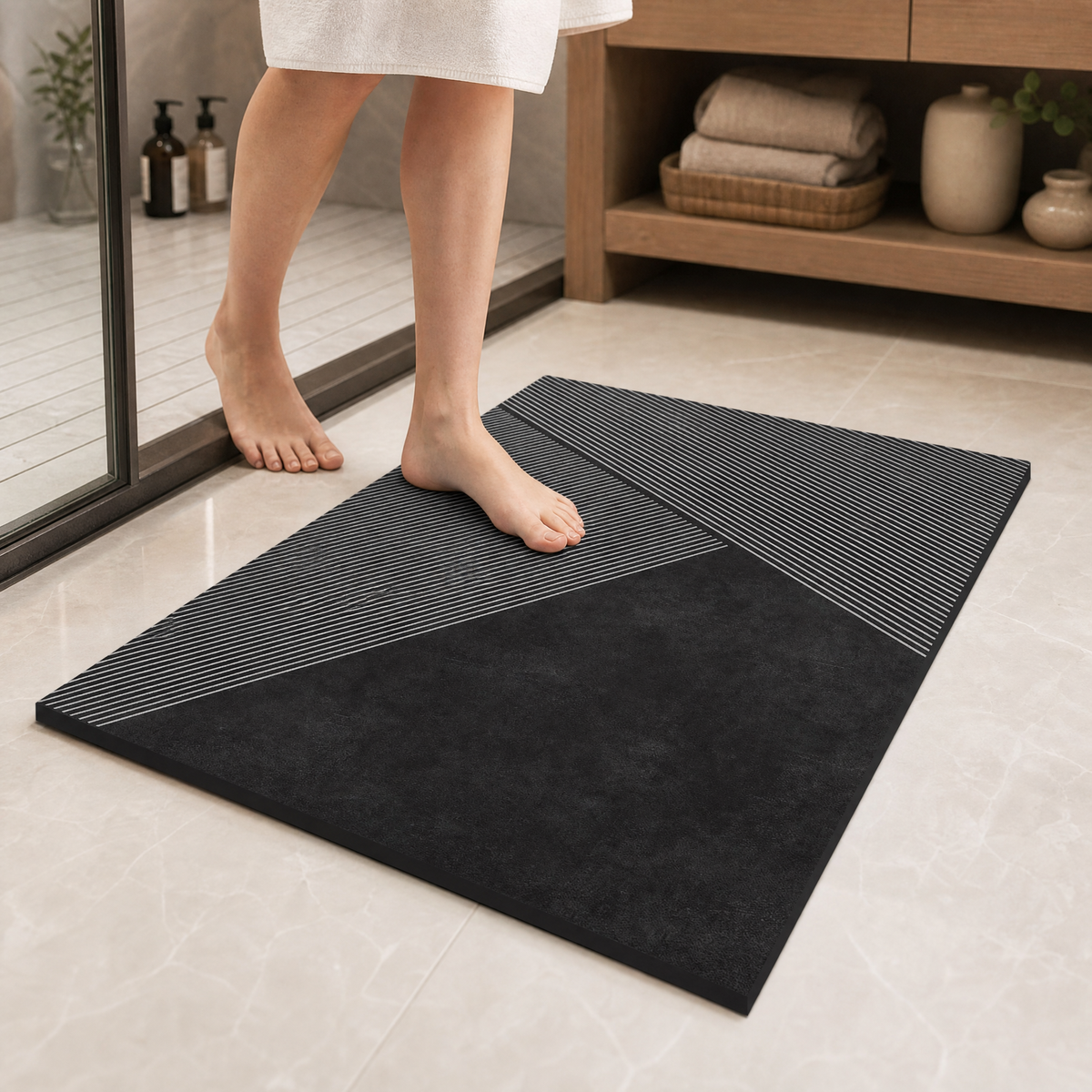 Geometric Bath Mat – Absorbent Non-Slip Quick Dry Shower Rug Minimalist Bathroom Decor