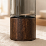 Glass Cylinder Vase with Wood Base – Smoky Glass Flower Vase for Modern Home Decor