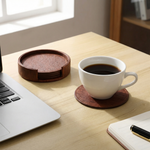 Wood Grain Leather Coasters – Stackable Round Set of 6 with Holder for Coffee Table