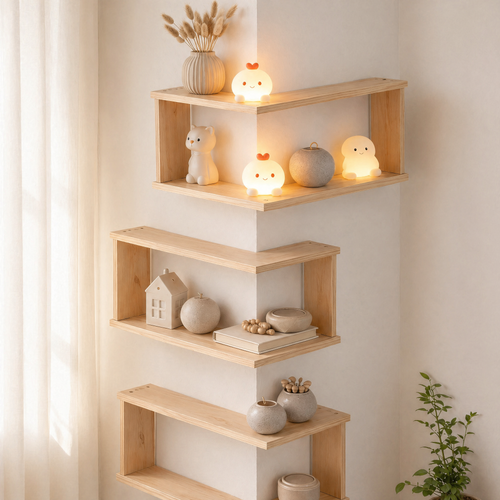 Corner Floating Wood Shelf – Wall Mounted Display Rack for Plants and Ornaments