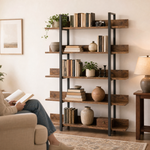 Standing Bookshelf 5 Tier – Industrial Metal Frame, Open Storage Rack for Living Room