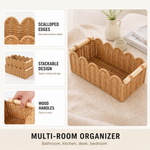 Woven Storage Basket with Wood Handles – Scallop Edge Organizer for Bathroom Desk