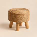 Round Rattan Footstool – Woven Grass Seat Wood Legs Boho Living Room Ottoman