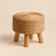 Round Rattan Footstool – Woven Grass Seat Wood Legs Boho Living Room Ottoman