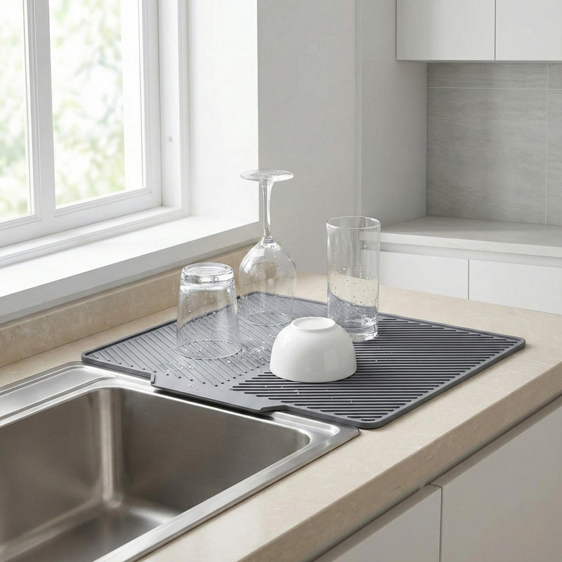 Silicone Dish Drying Mat with Drain Spout – Non Slip Kitchen Countertop, Heat Resistant