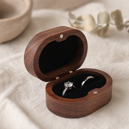 Oval Walnut Ring Box – Solid Wood Jewelry Case for Proposal, Wedding, Gift Giving