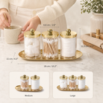 Apothecary Jar Set with Gold Tray – Qtip Holder Bathroom Organizer Canister