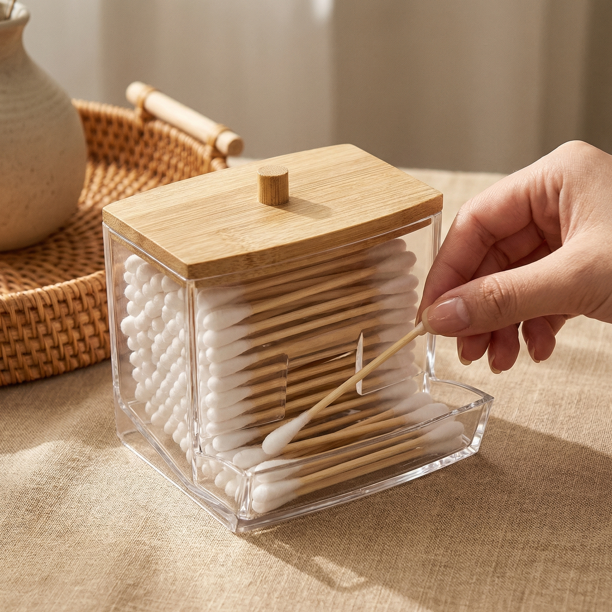 Cotton Swab Dispenser – Clear Acrylic Container with Bamboo Lid for Bathroom Organizer Storage