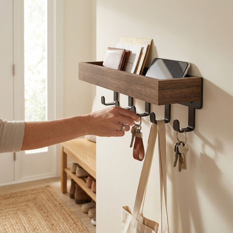 Floating Shelf with 6 Hooks – Wall Mounted Key Holder Rustic Wood Home Organizer