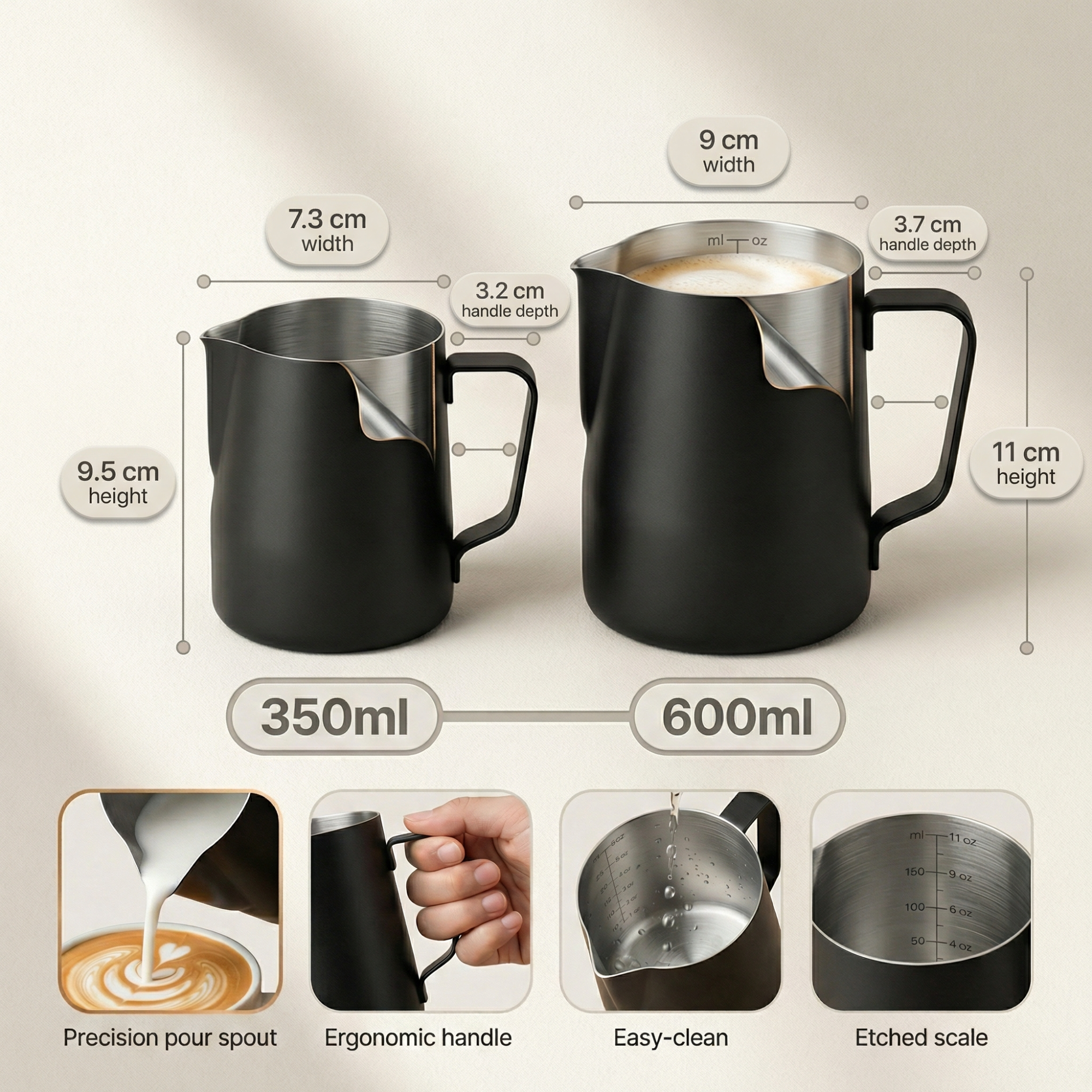 Coffee Latte Scale Cup – 304 Stainless Steel Milk Frothing Pitcher with Internal Scale