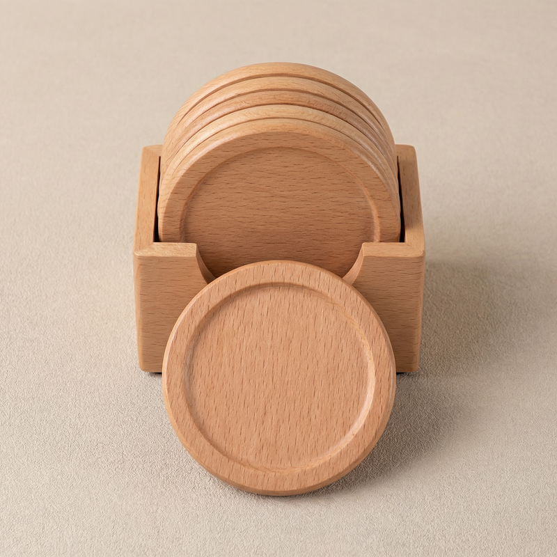 Wooden Coaster Set with Holder – 6 Round Coasters with Storage Stand for Kitchen & Living Room