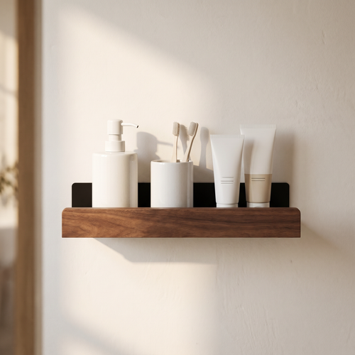 Floating Bathroom Shelf – Wood & Metal Wall Mounted Organizer, Punch-Free, Guardrail, Minimalist Decor