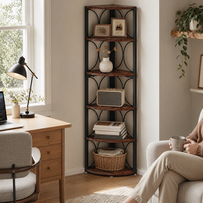 Étagère d'angle à 6 niveaux — Bibliothèque haute sur pied pour salon ou chambre