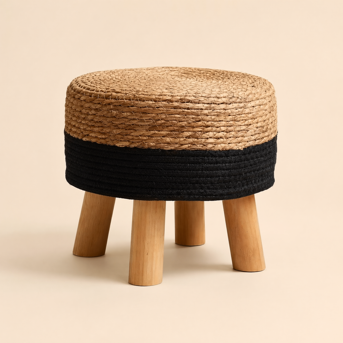 Round Rattan Footstool – Woven Grass Seat Wood Legs Boho Living Room Ottoman