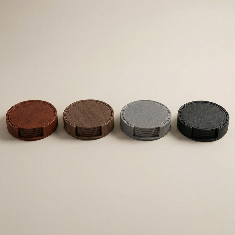 Sous-verres en cuir grain de bois — Lot de 6 ronds empilables avec support pour table basse
