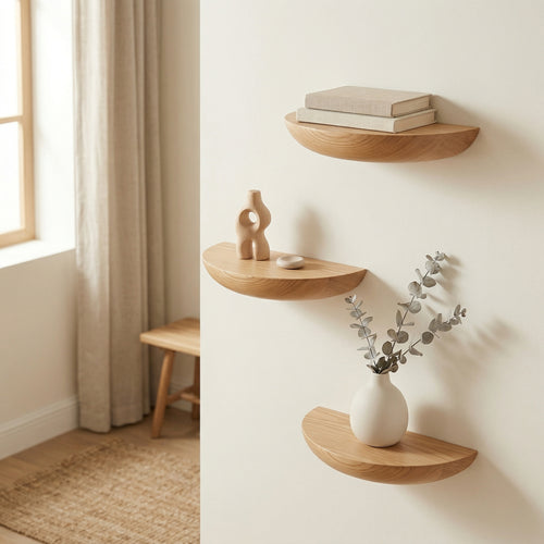 Wooden Floating Shelf – Semicircle Wall Mount for Small Spaces, Minimalist Home Organization