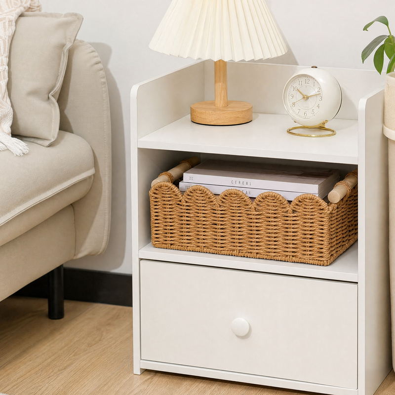 Woven Storage Basket with Wood Handles – Scallop Edge Organizer for Bathroom Desk
