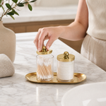 Apothecary Jar Set with Gold Tray – Qtip Holder Bathroom Organizer Canister