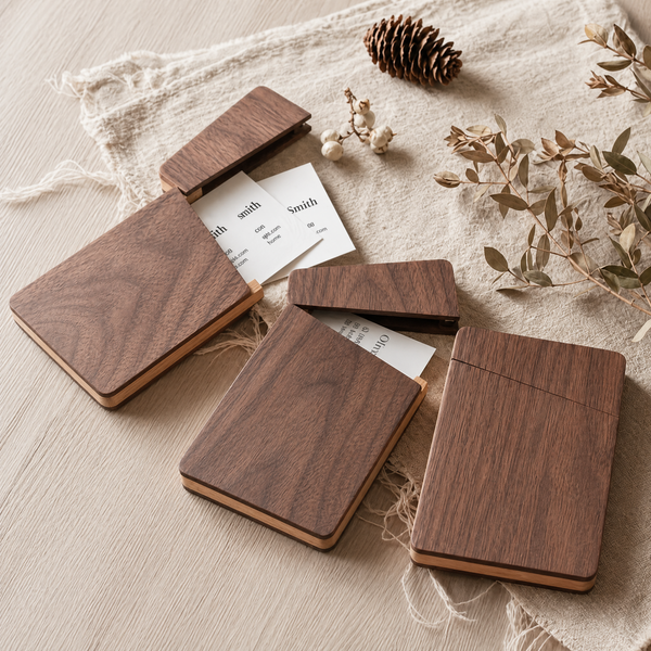 Slim Wood Card Case – Magnetic Business Card Holder, Walnut Desk Organizer Gift