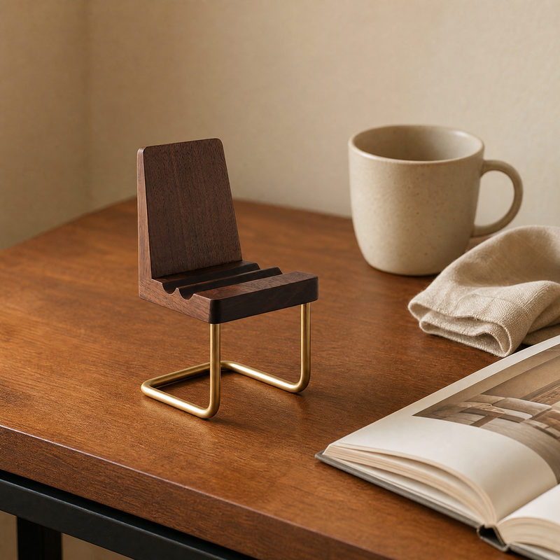 Support de téléphone en bois en forme de chaise — Organisateur de bureau en noyer et laiton, ornement de bureau minimaliste