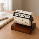 Rotating Perpetual Desk Calendar – Manual Roll Wheel Date Display, Wood Base